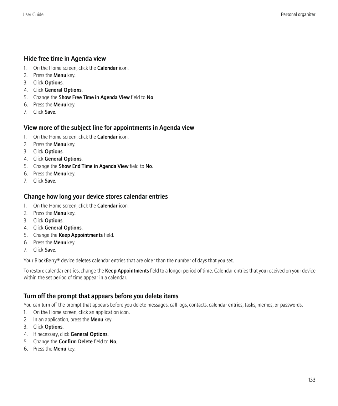 Blackberry 8230 manual Hide free time in Agenda view, Change how long your device stores calendar entries 