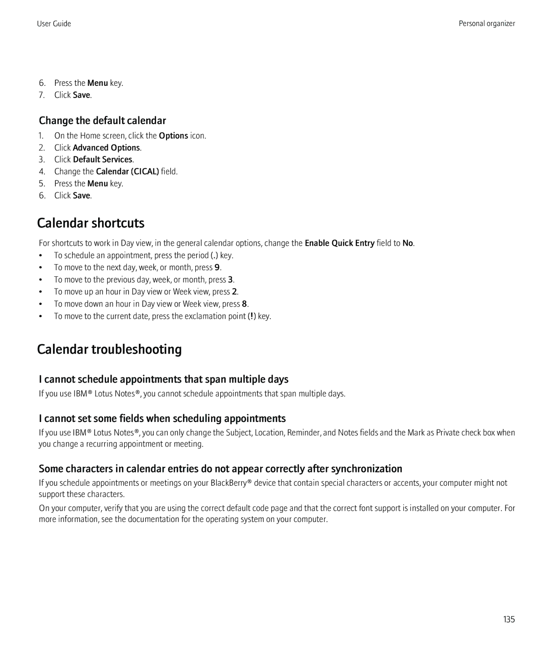 Blackberry 8230 manual Calendar shortcuts, Calendar troubleshooting, Change the default calendar 