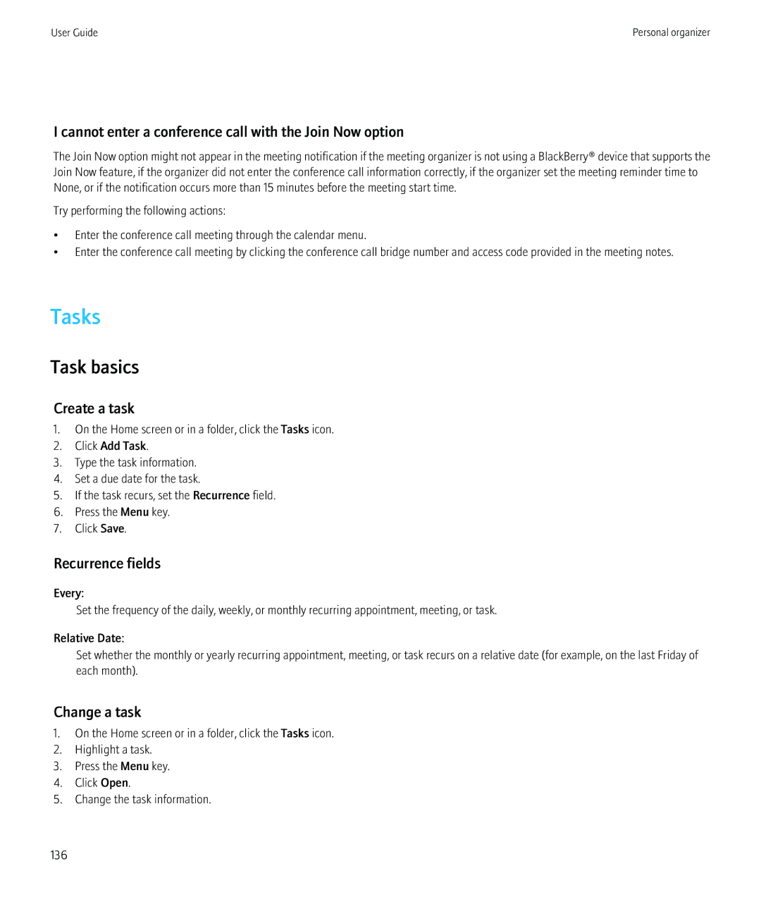 Blackberry 8230 Tasks, Task basics, Cannot enter a conference call with the Join Now option, Create a task, Change a task 