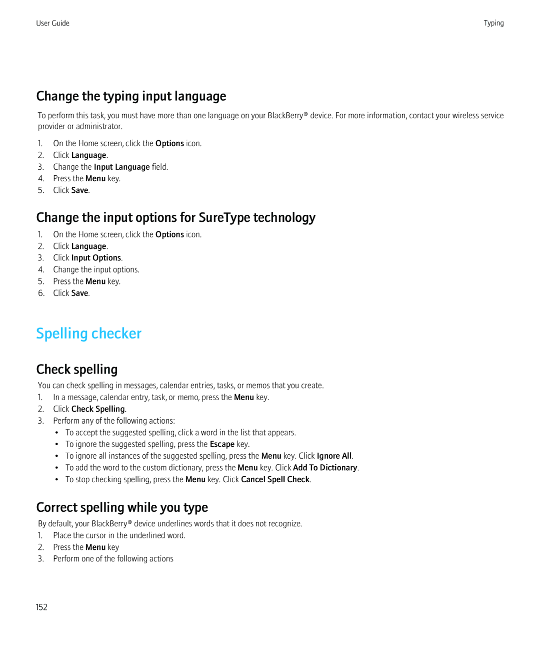 Blackberry 8230 manual Spelling checker, Change the typing input language, Change the input options for SureType technology 