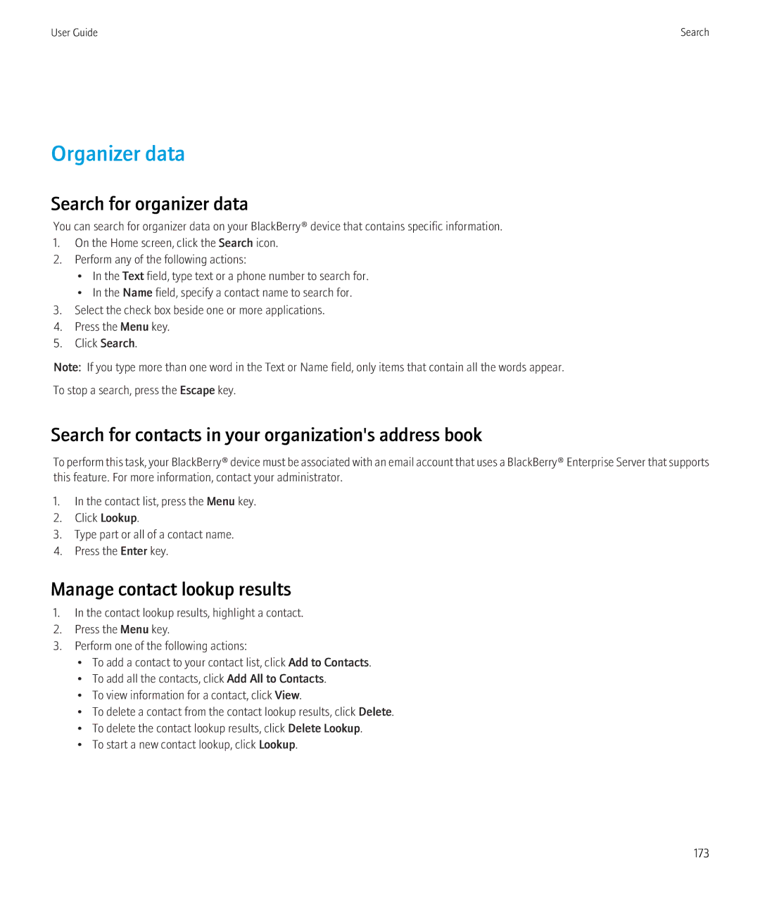 Blackberry 8230 manual Organizer data, Search for organizer data, Search for contacts in your organizations address book 