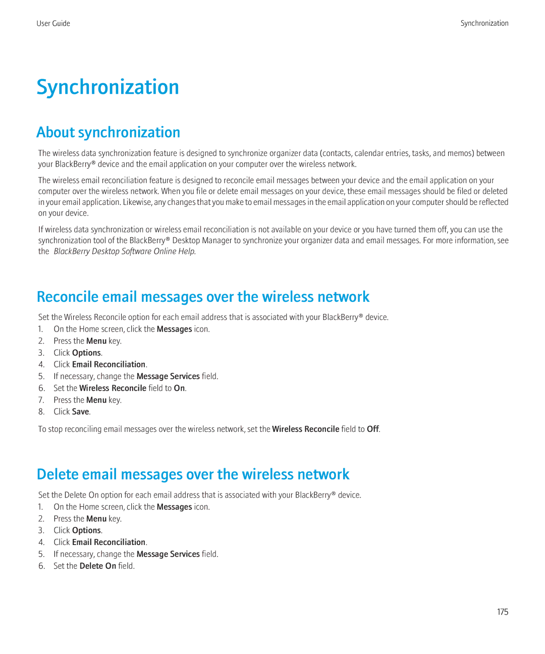 Blackberry 8230 manual Synchronization, About synchronization, Reconcile email messages over the wireless network 