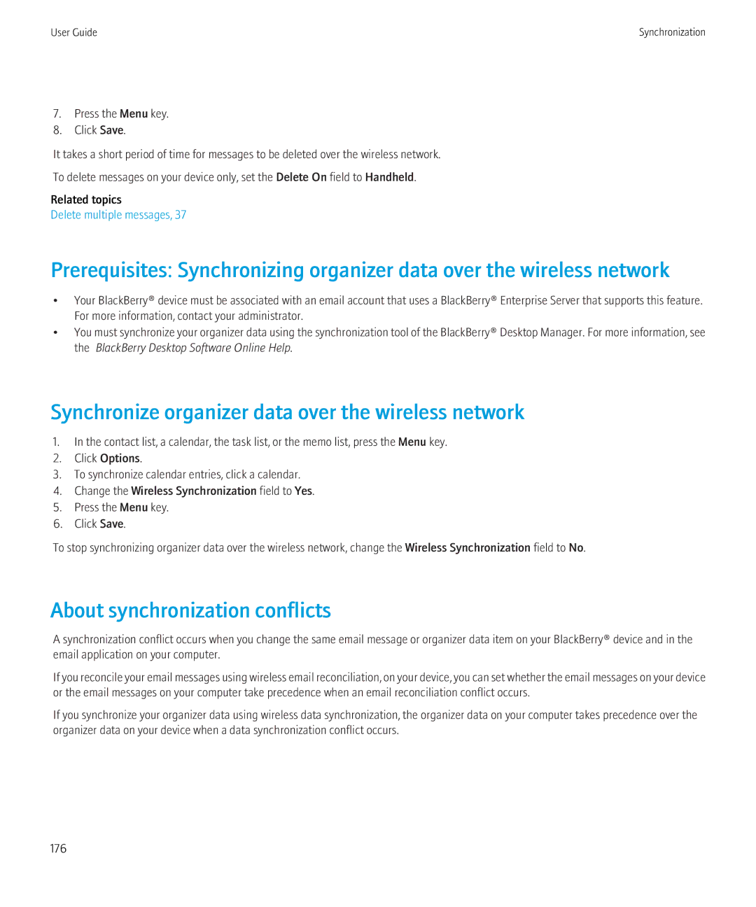 Blackberry 8230 manual Synchronize organizer data over the wireless network, About synchronization conflicts 