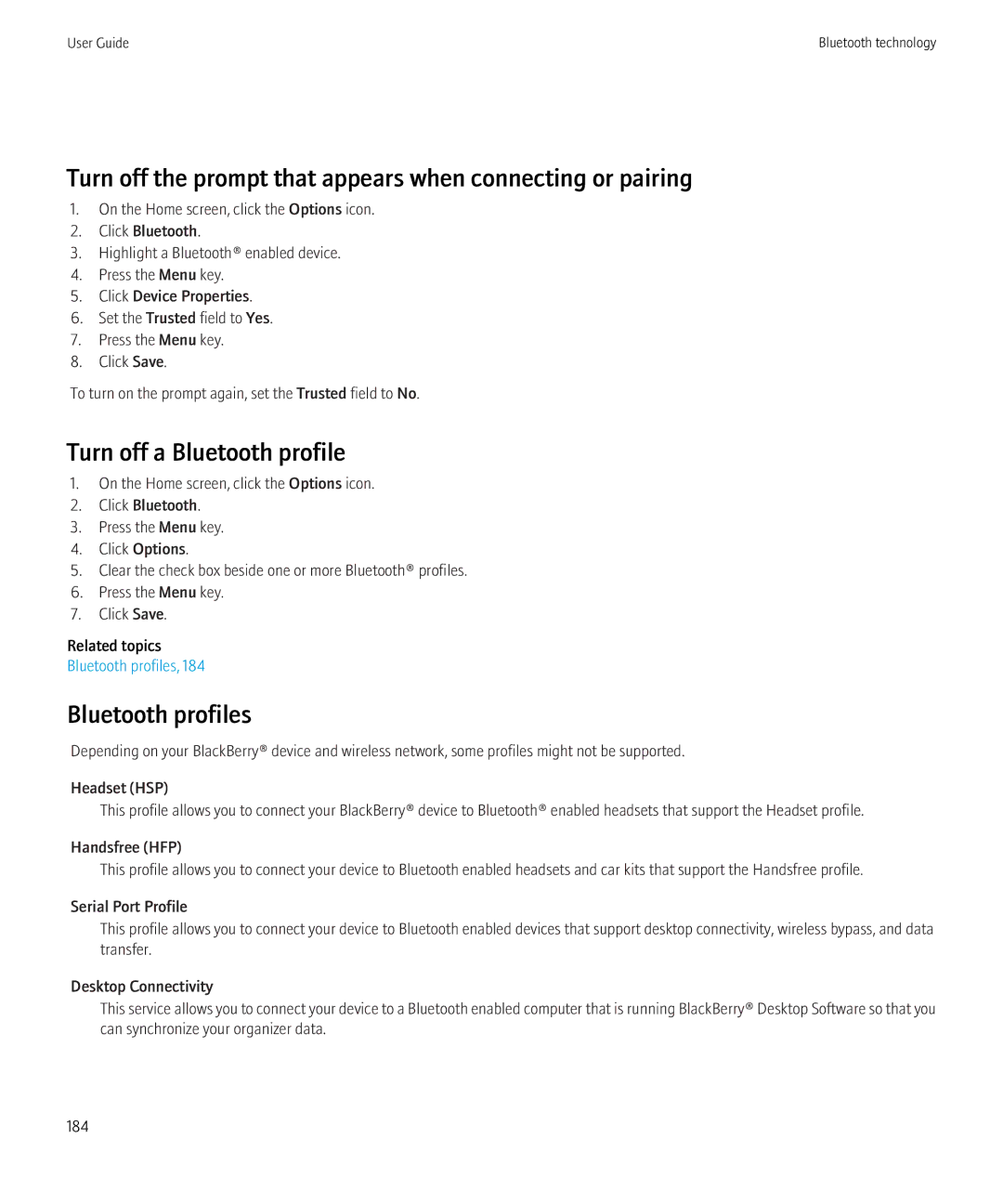 Blackberry 8230 manual Turn off the prompt that appears when connecting or pairing, Turn off a Bluetooth profile 