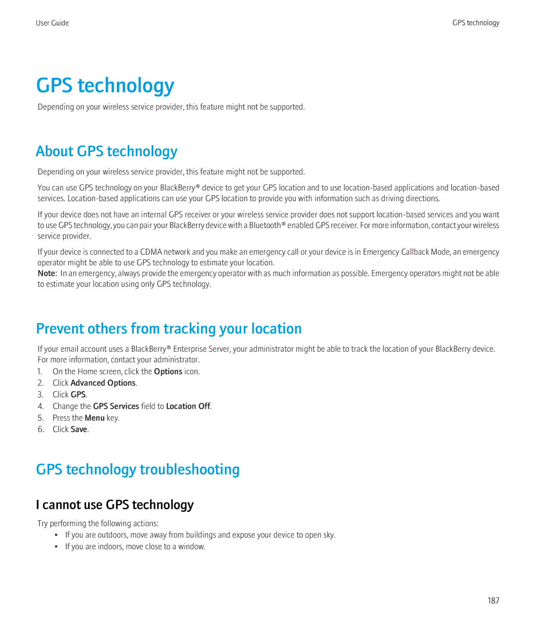 Blackberry 8230 manual About GPS technology, Prevent others from tracking your location, GPS technology troubleshooting 