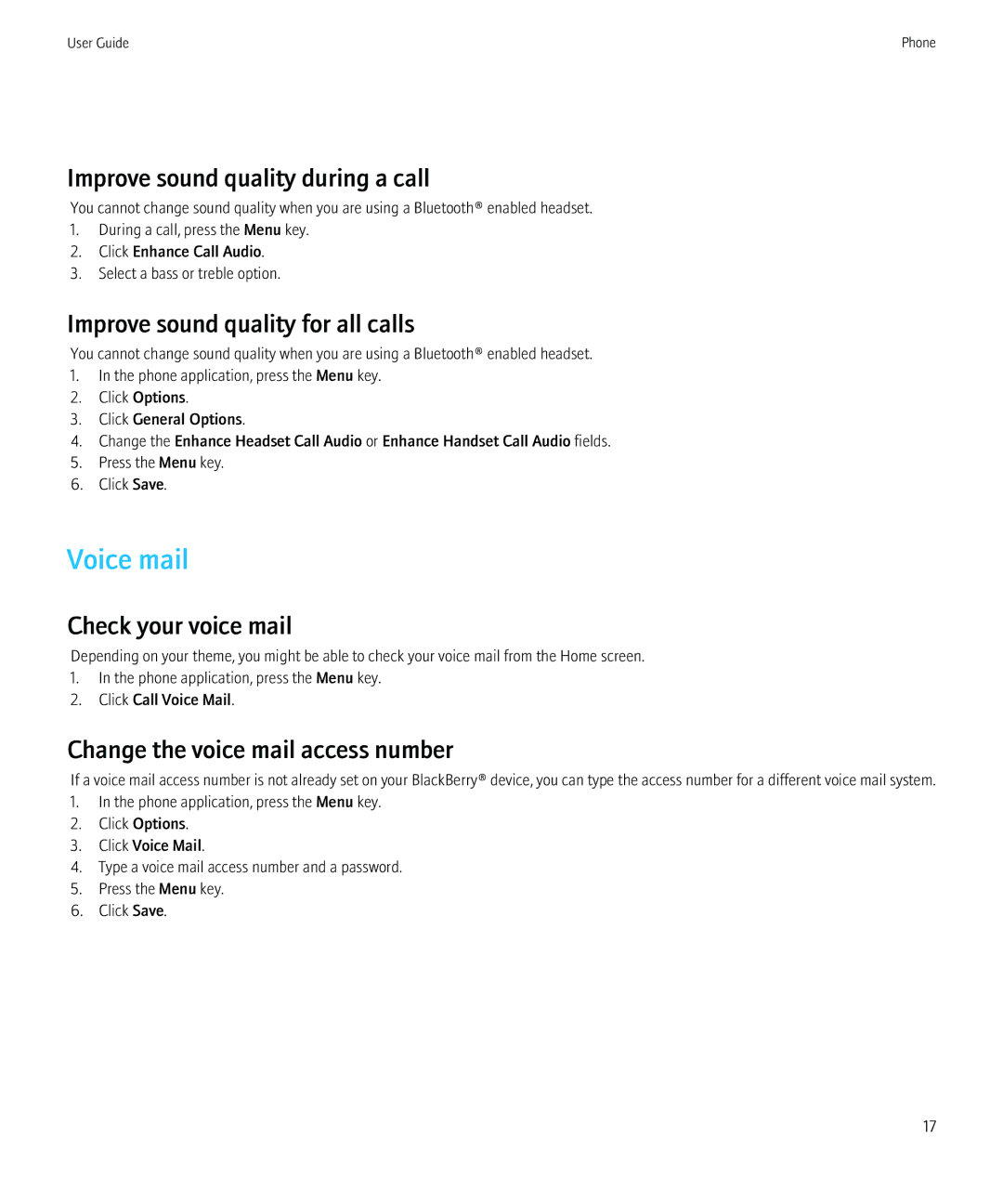 Blackberry 8230 manual Voice mail, Improve sound quality during a call, Improve sound quality for all calls 