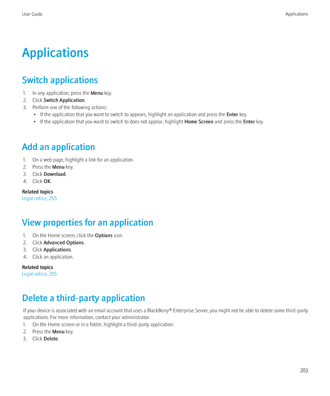 Blackberry 8230 manual Applications, Switch applications, Add an application, View properties for an application 