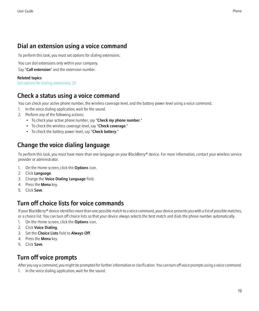 Blackberry 8230 Dial an extension using a voice command, Check a status using a voice command, Turn off voice prompts 