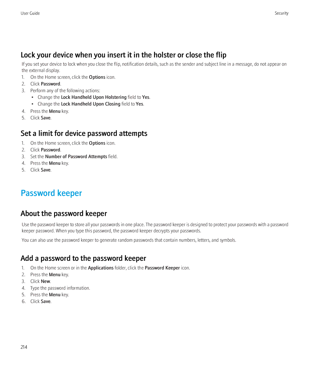 Blackberry 8230 manual Password keeper, Set a limit for device password attempts, About the password keeper 