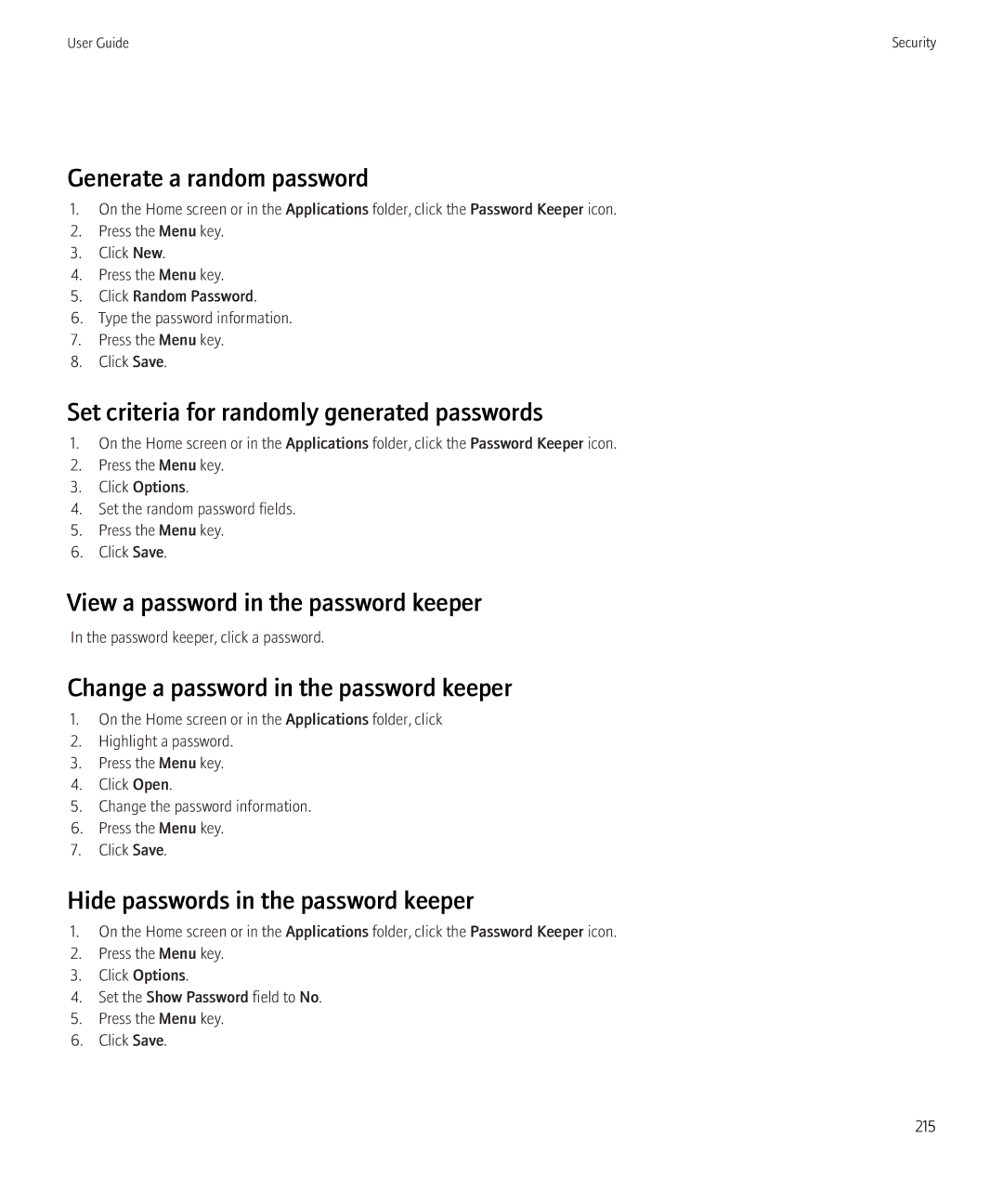 Blackberry 8230 manual Generate a random password, Set criteria for randomly generated passwords 