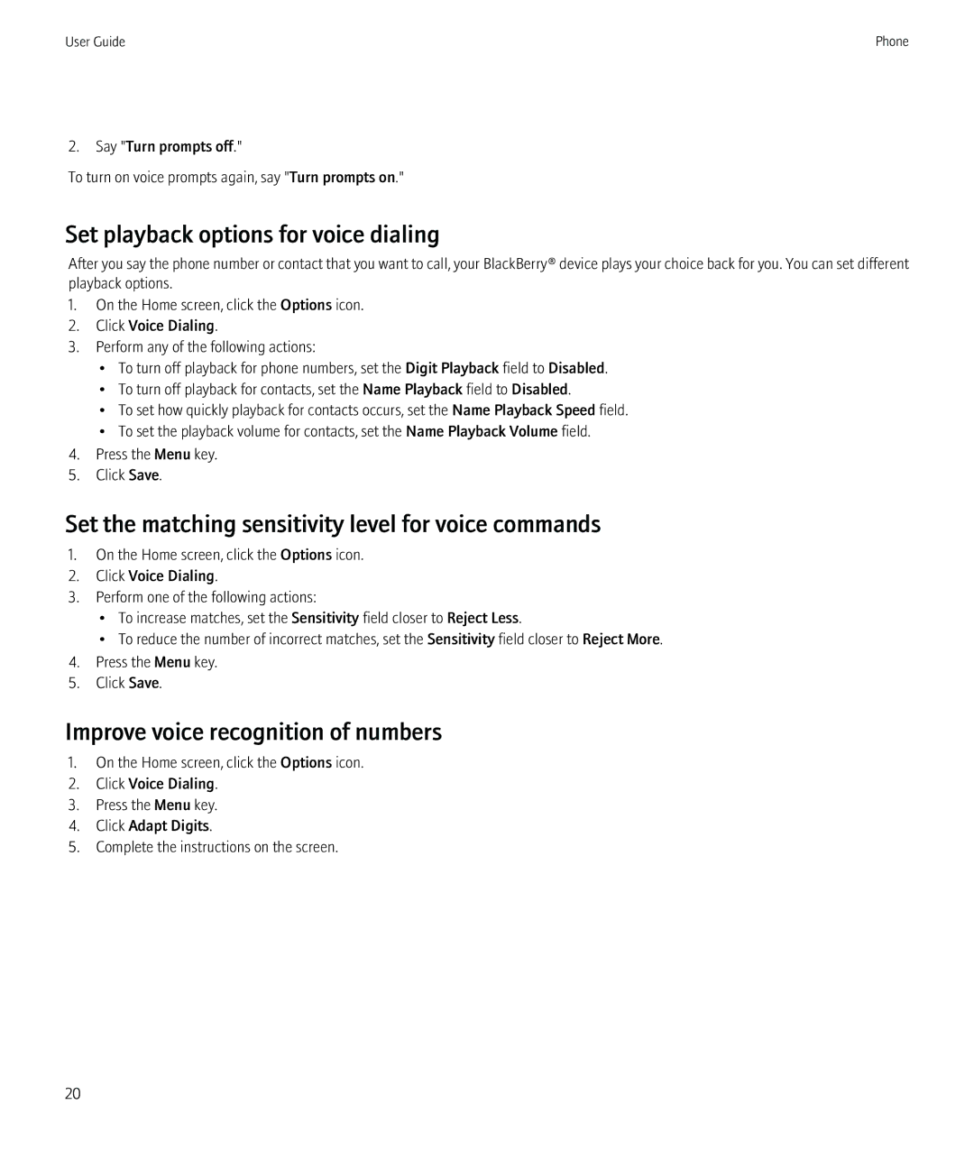Blackberry 8230 manual Set playback options for voice dialing, Set the matching sensitivity level for voice commands 