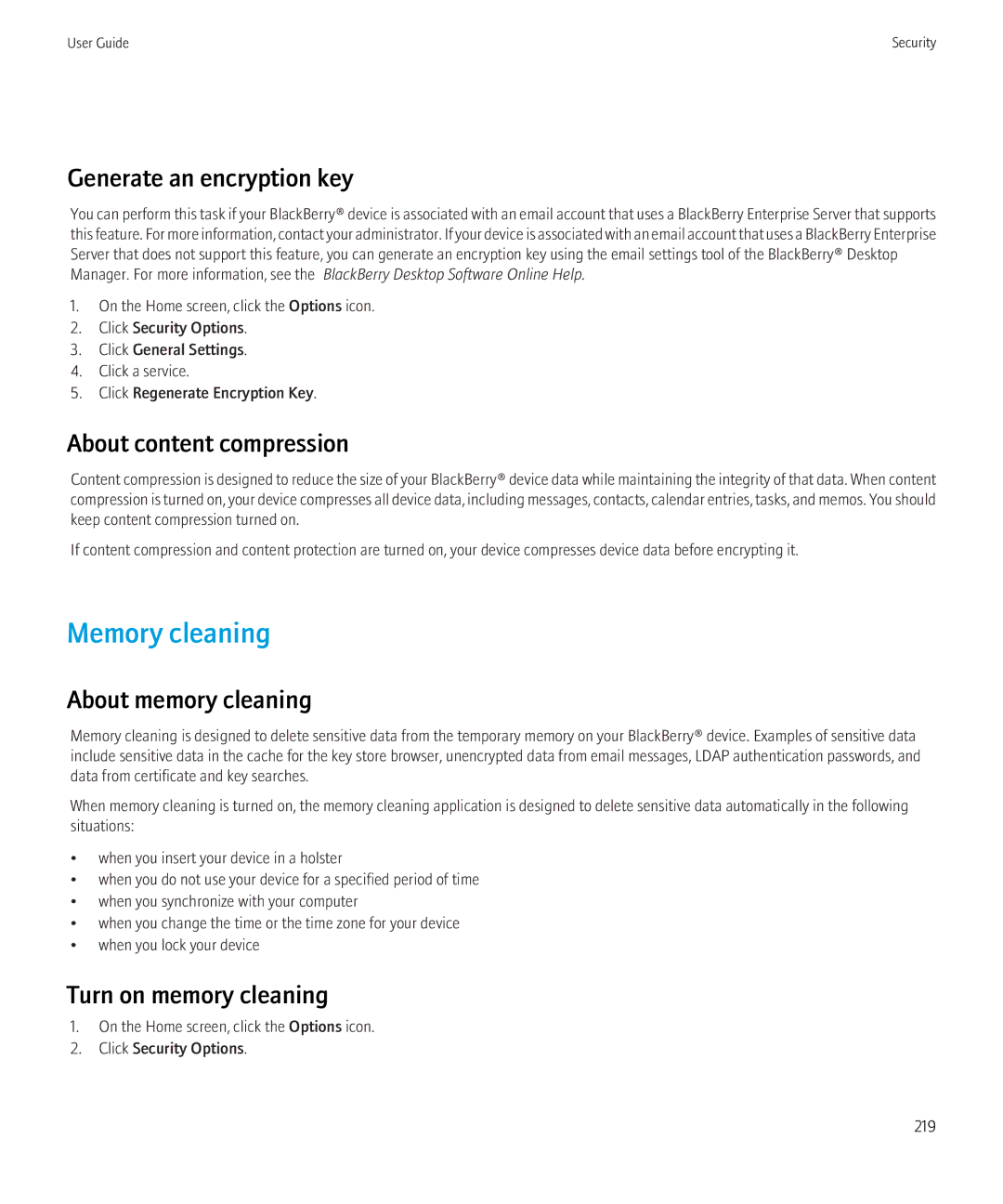 Blackberry 8230 manual Memory cleaning, Generate an encryption key, About content compression, About memory cleaning 