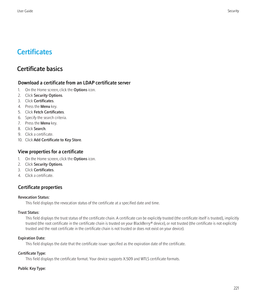 Blackberry 8230 manual Certificates, Certificate basics, Download a certificate from an Ldap certificate server 