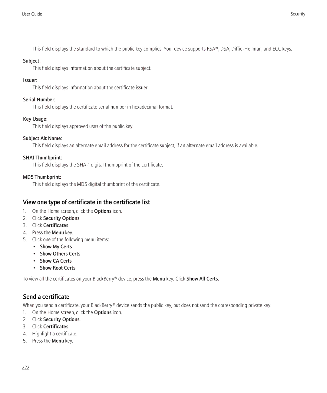 Blackberry 8230 manual View one type of certificate in the certificate list, Send a certificate 