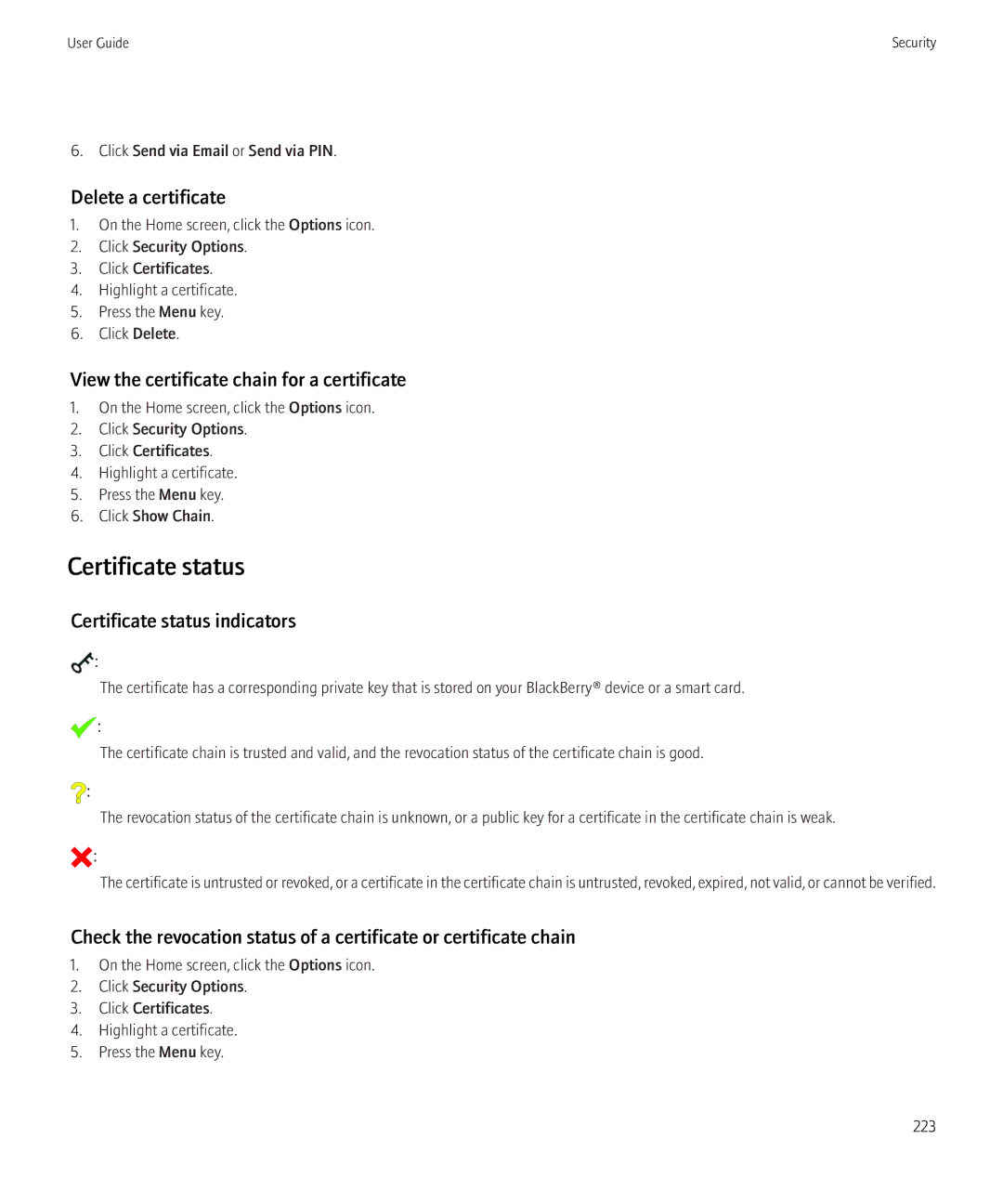 Blackberry 8230 manual Certificate status, Delete a certificate, View the certificate chain for a certificate 