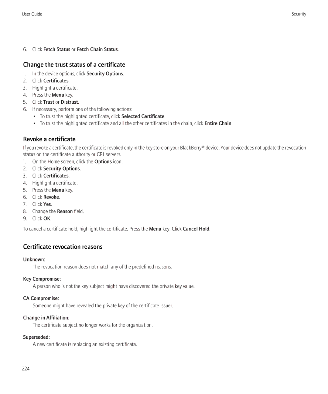 Blackberry 8230 manual Change the trust status of a certificate, Revoke a certificate, Certificate revocation reasons 