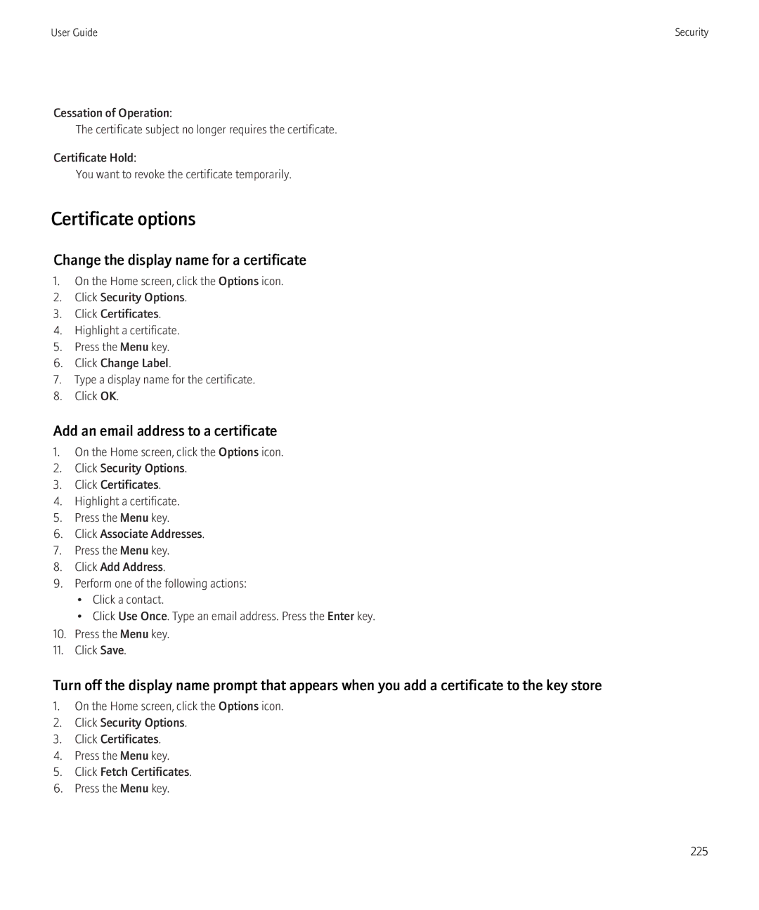 Blackberry 8230 Certificate options, Change the display name for a certificate, Add an email address to a certificate 