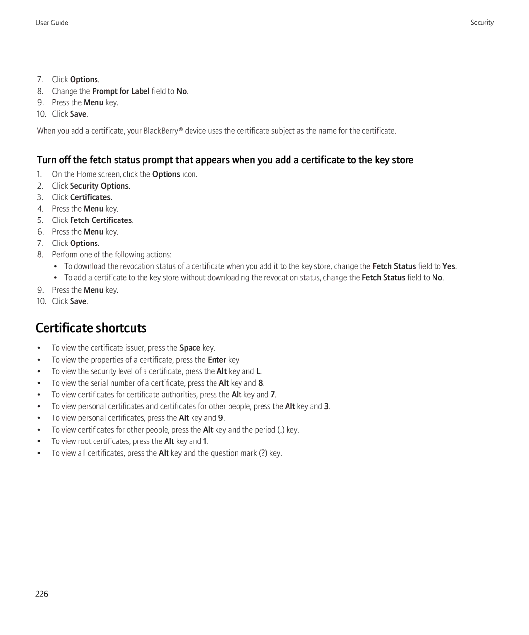 Blackberry 8230 manual Certificate shortcuts 