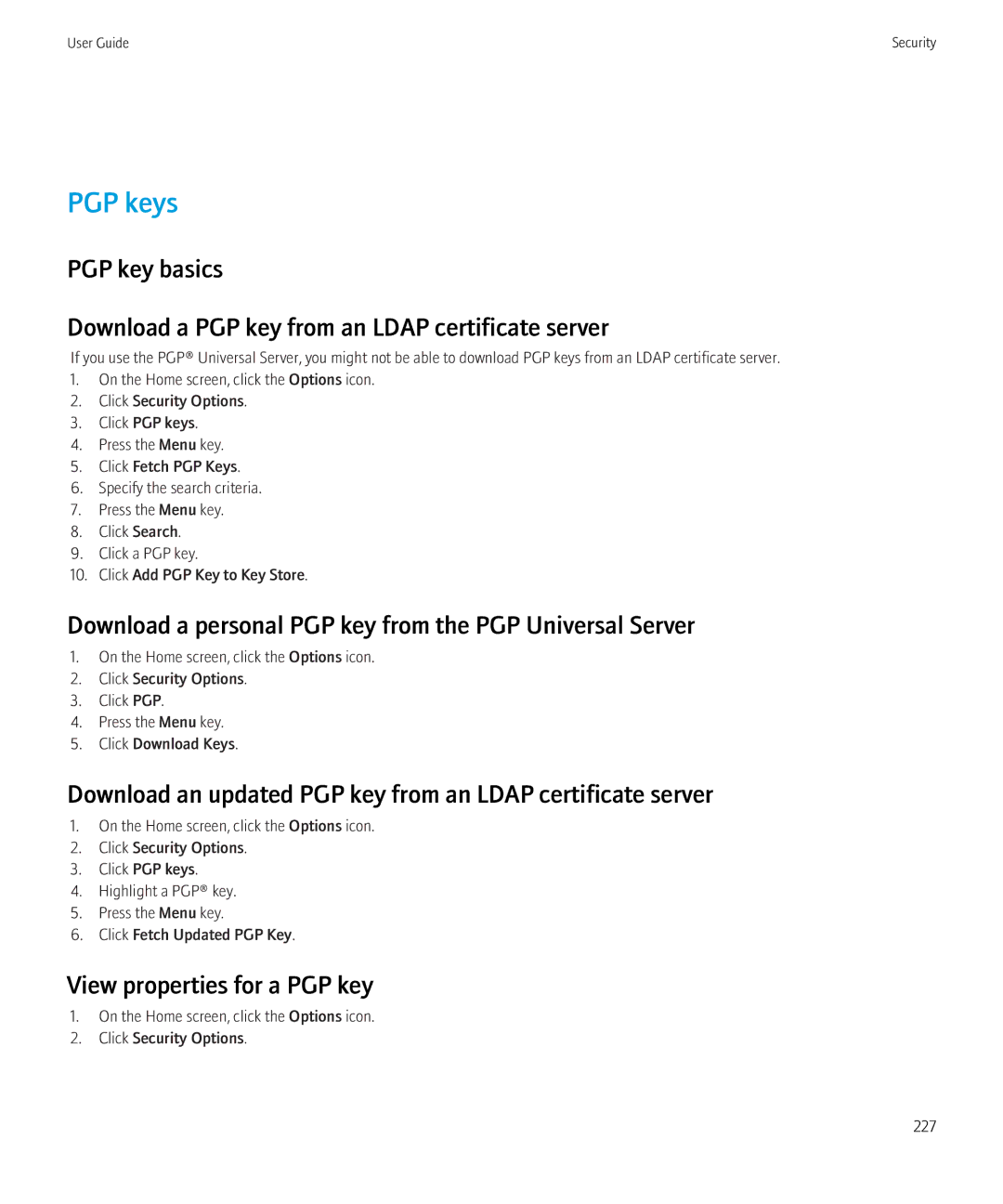 Blackberry 8230 manual PGP keys, Download a personal PGP key from the PGP Universal Server, View properties for a PGP key 
