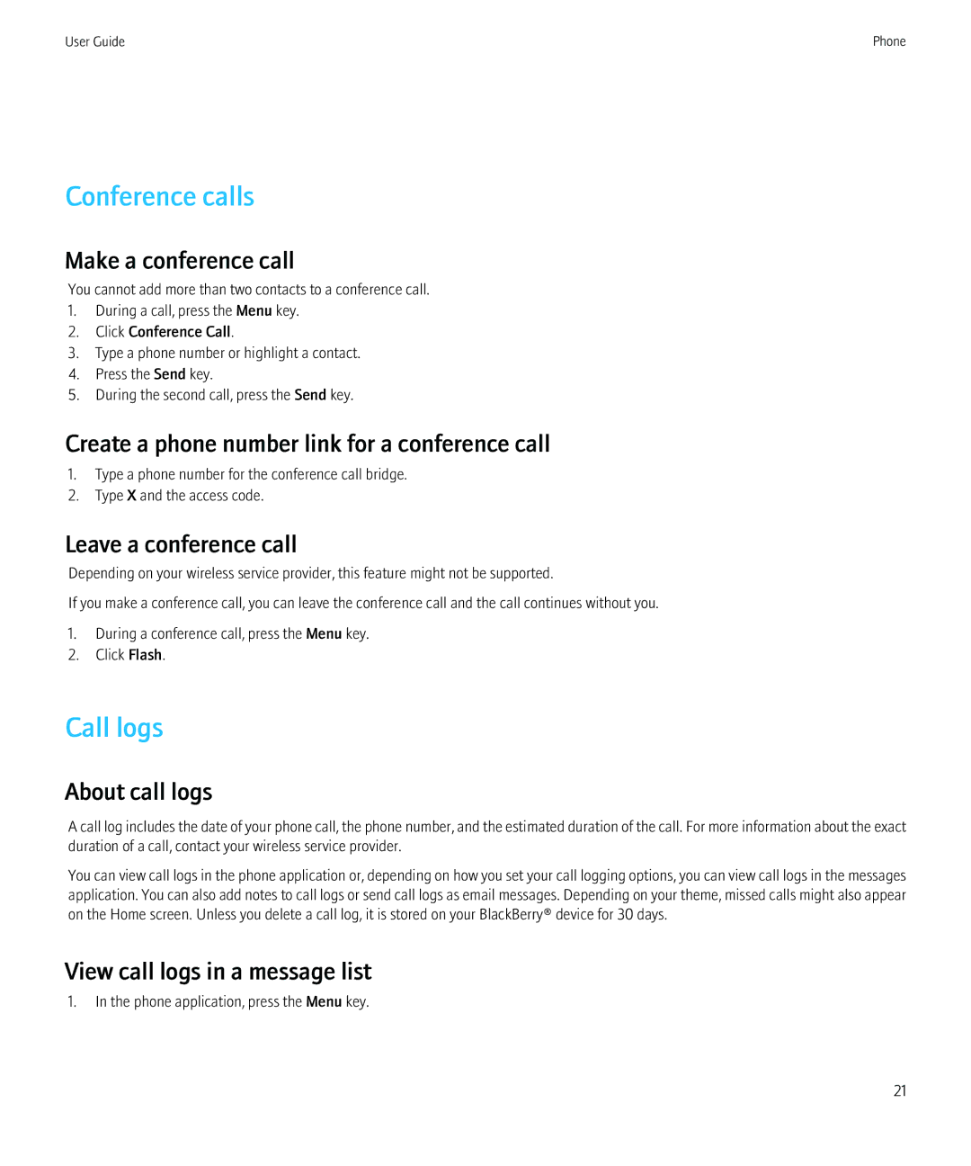 Blackberry 8230 manual Conference calls, Call logs 