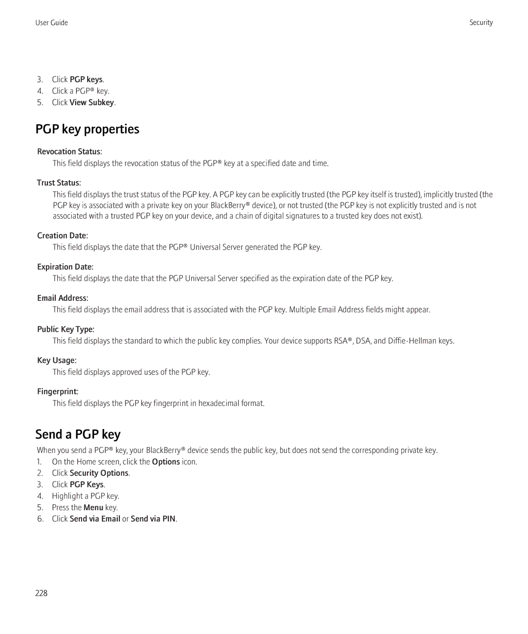 Blackberry 8230 manual PGP key properties, Send a PGP key 