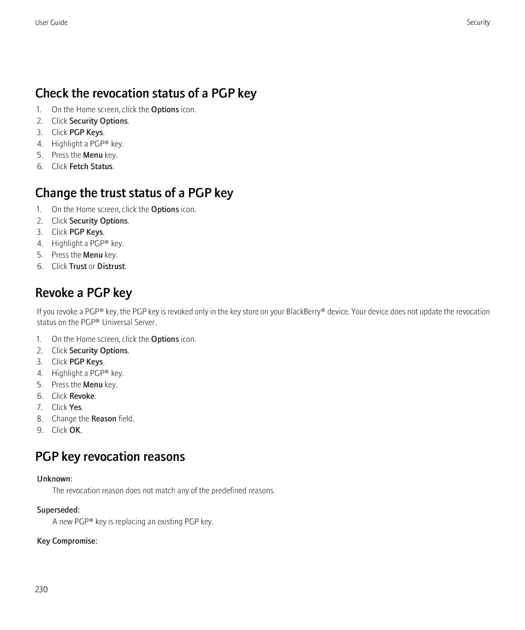 Blackberry 8230 manual Check the revocation status of a PGP key, Change the trust status of a PGP key, Revoke a PGP key 