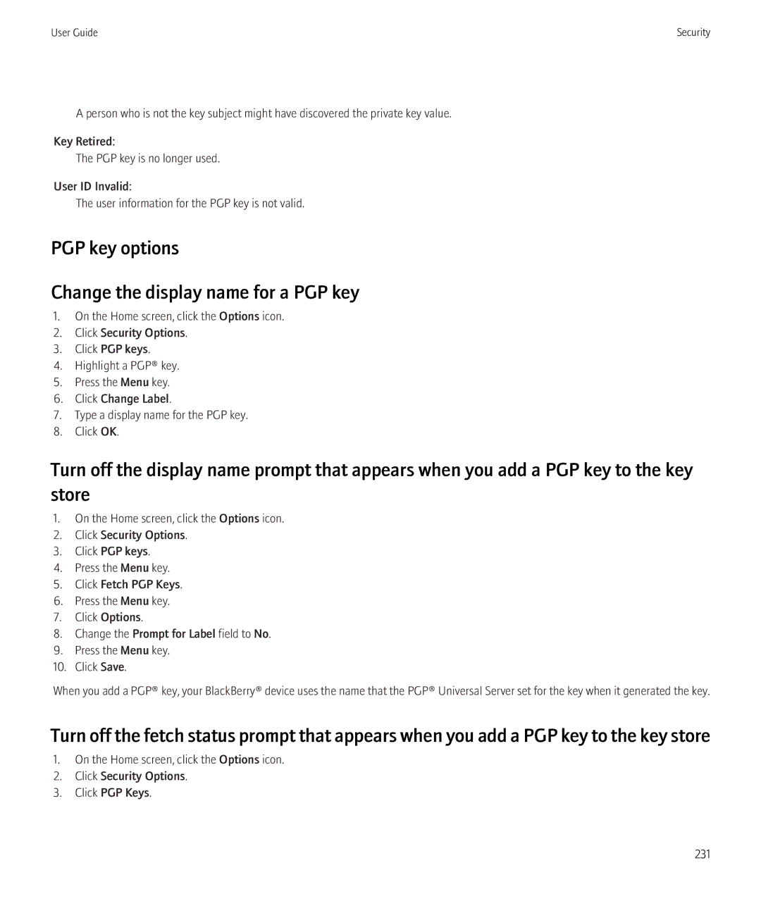 Blackberry 8230 manual PGP key options Change the display name for a PGP key 