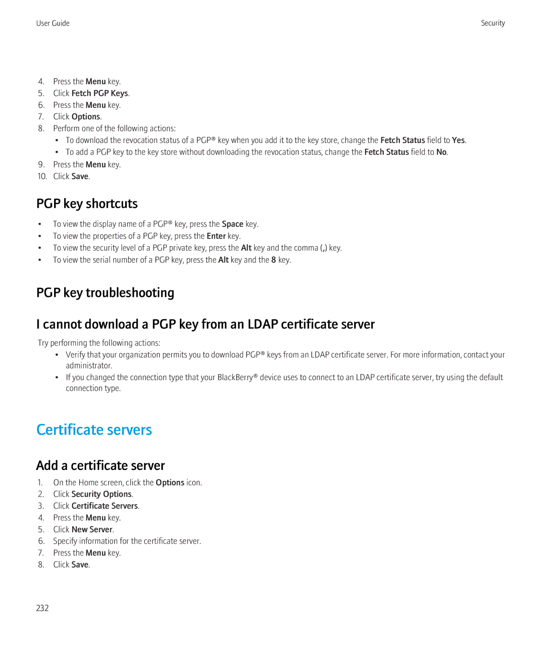 Blackberry 8230 manual Certificate servers, PGP key shortcuts, Add a certificate server 