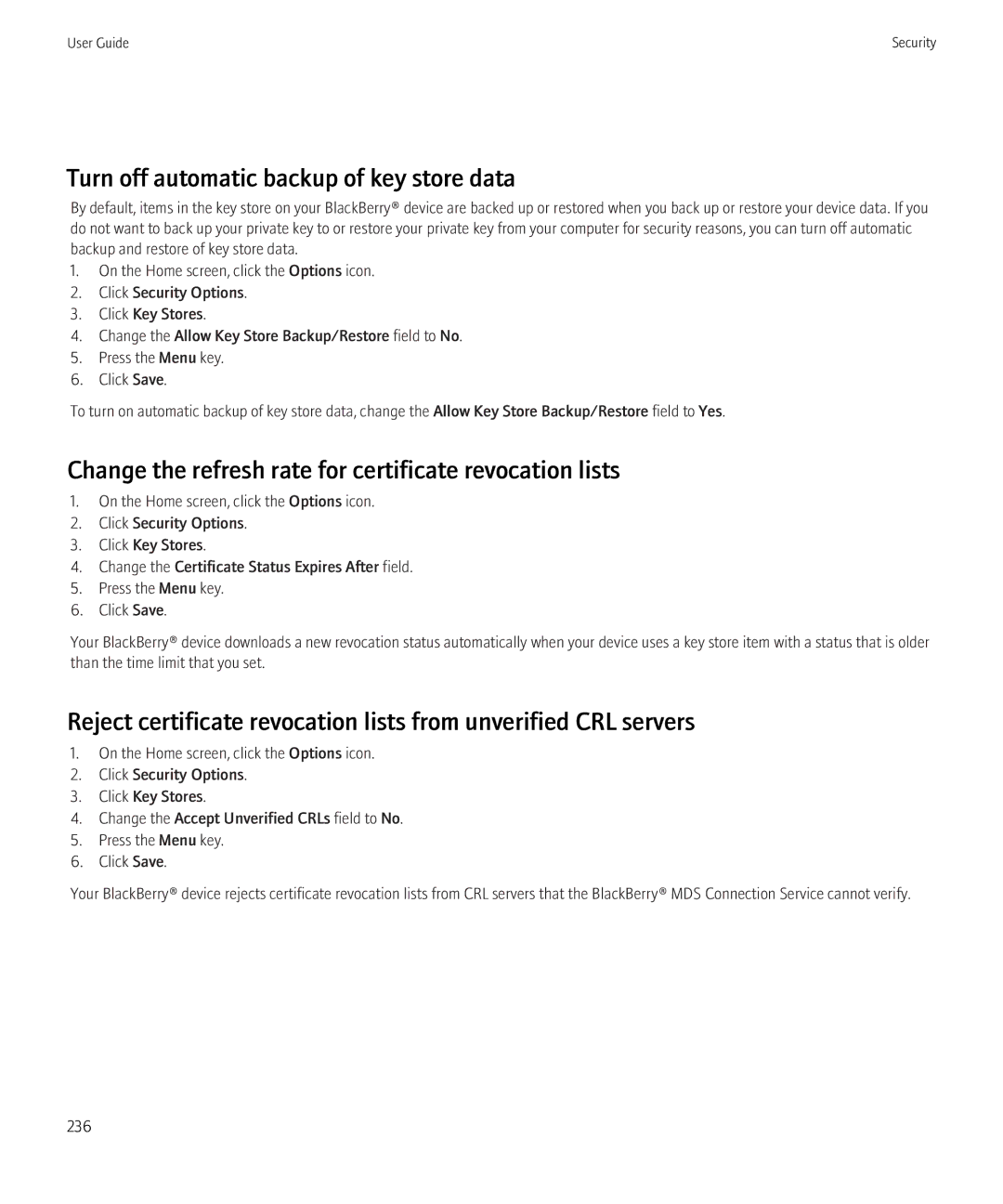 Blackberry 8230 Turn off automatic backup of key store data, Change the refresh rate for certificate revocation lists 