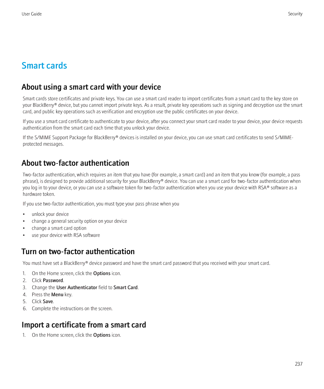 Blackberry 8230 manual Smart cards, About using a smart card with your device, About two-factor authentication 