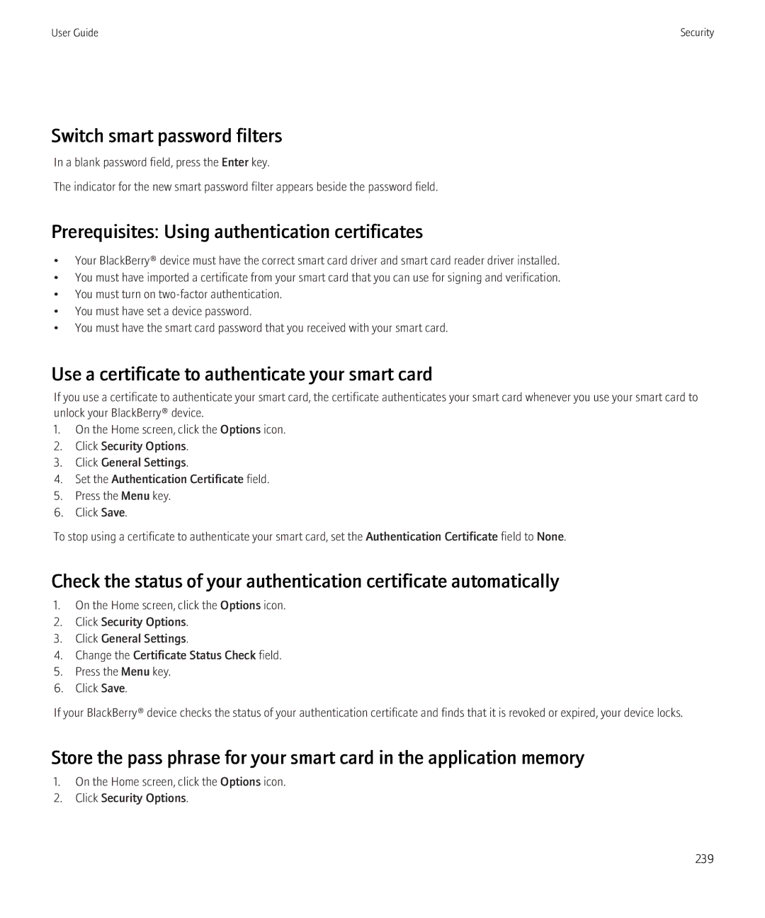 Blackberry 8230 manual Switch smart password filters, Prerequisites Using authentication certificates 