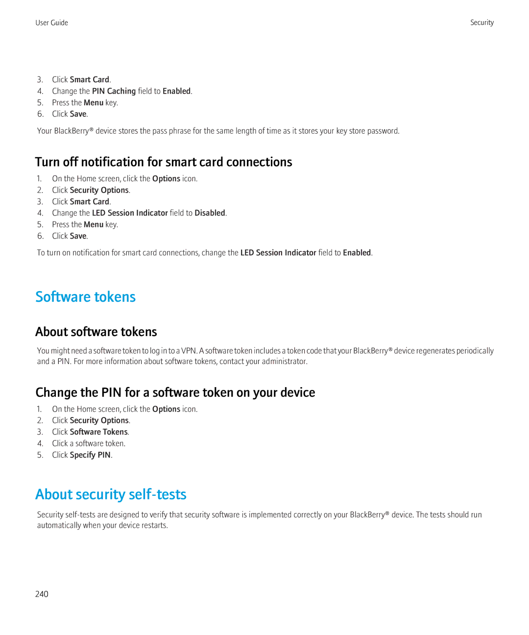 Blackberry 8230 manual Software tokens, About security self-tests, Turn off notification for smart card connections 