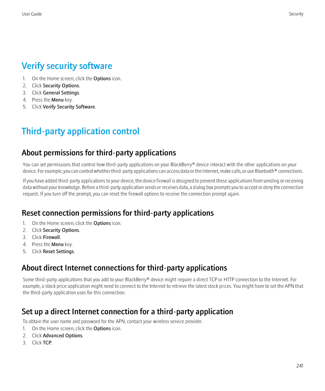 Blackberry 8230 Verify security software, Third-party application control, About permissions for third-party applications 