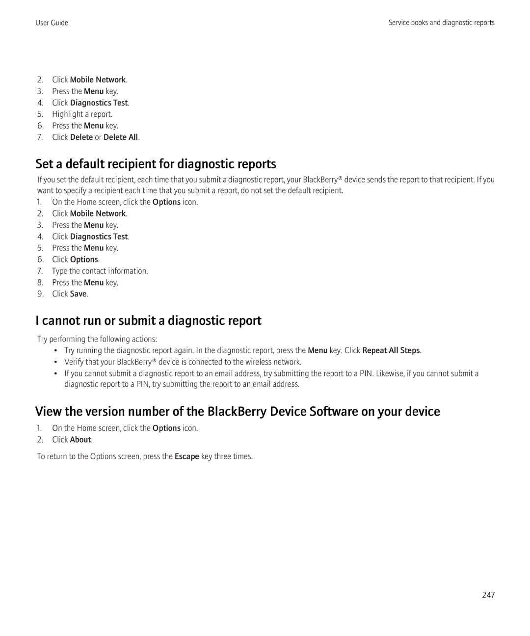 Blackberry 8230 manual Set a default recipient for diagnostic reports, Cannot run or submit a diagnostic report 