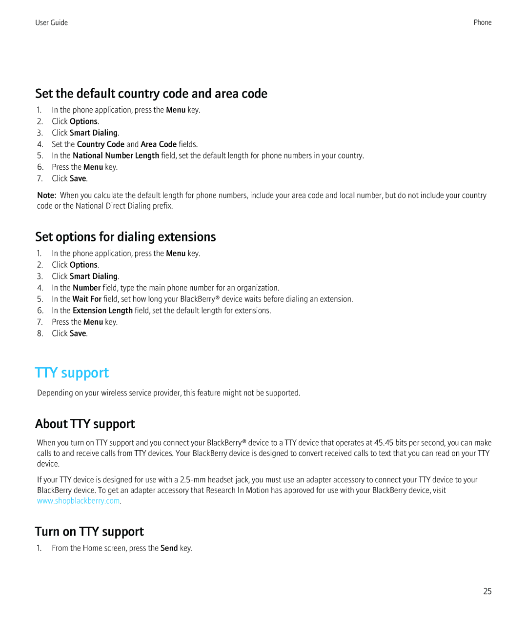 Blackberry 8230 manual TTY support, Set the default country code and area code, Set options for dialing extensions 