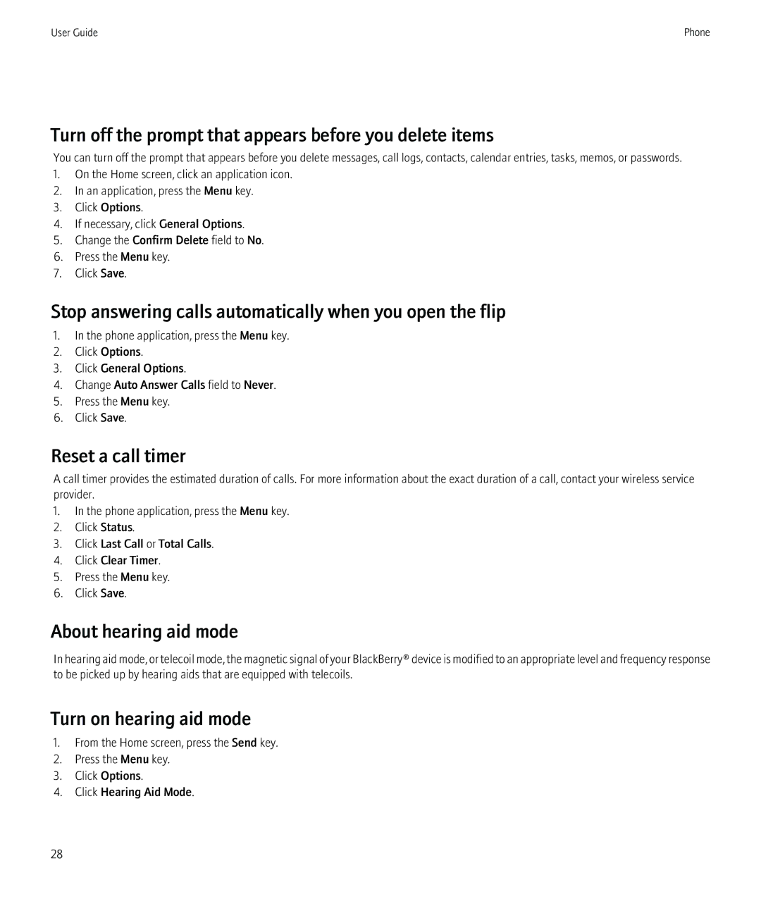 Blackberry 8230 manual Turn off the prompt that appears before you delete items, Reset a call timer, About hearing aid mode 