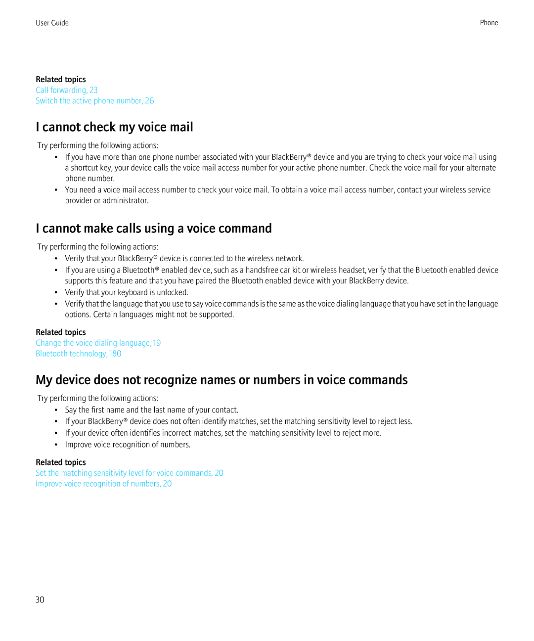 Blackberry 8230 manual Cannot check my voice mail, Cannot make calls using a voice command 