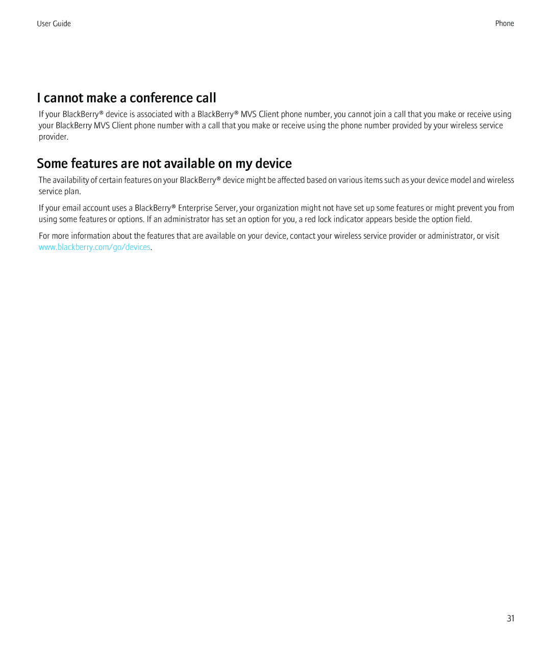 Blackberry 8230 manual Cannot make a conference call, Some features are not available on my device 