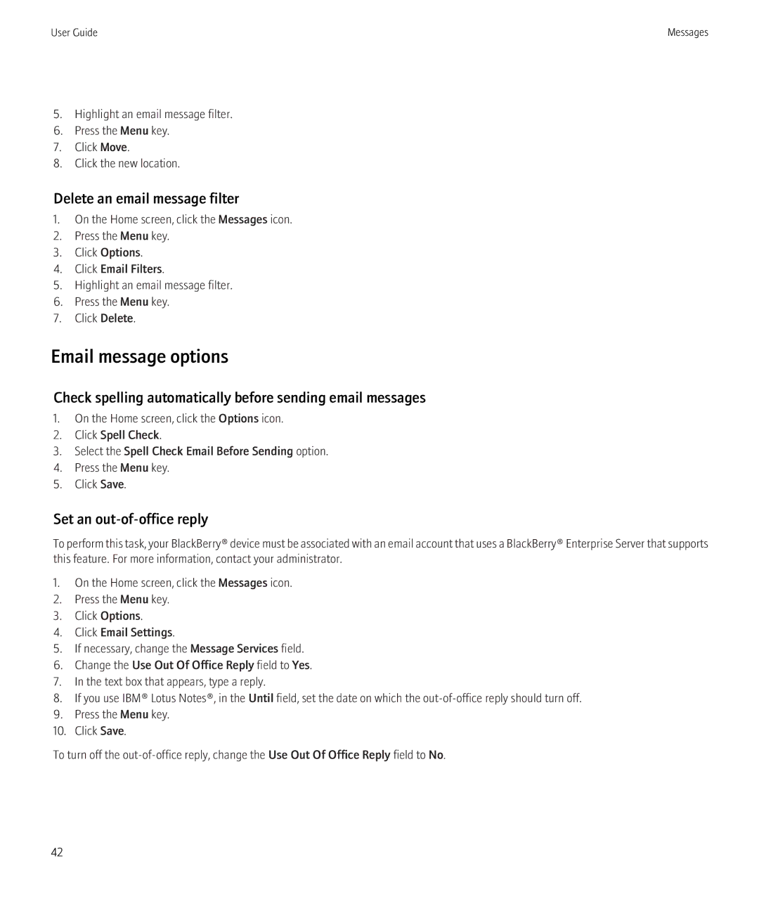 Blackberry 8230 manual Email message options, Delete an email message filter, Set an out-of-office reply 