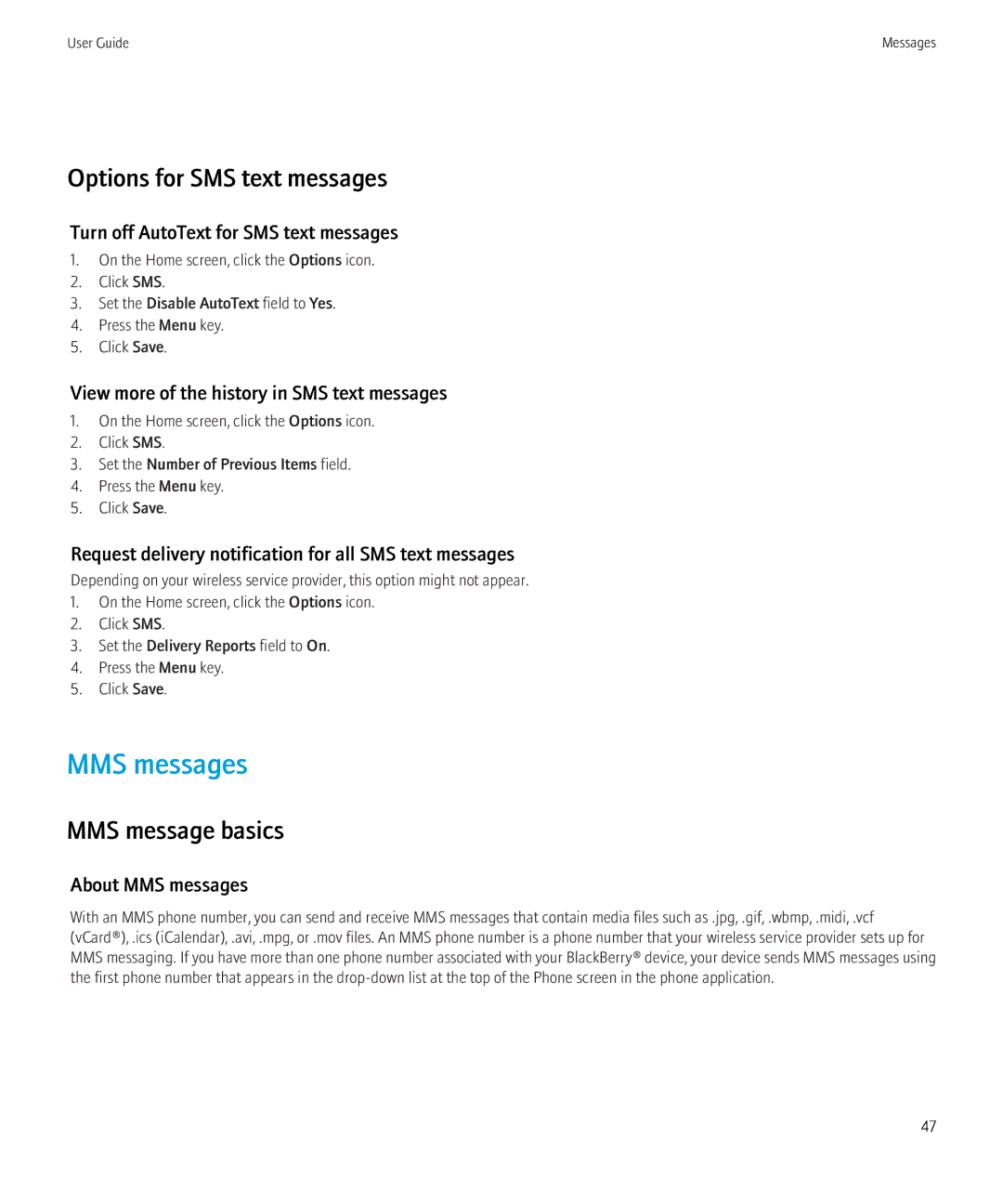 Blackberry 8230 manual MMS messages, Options for SMS text messages, MMS message basics 