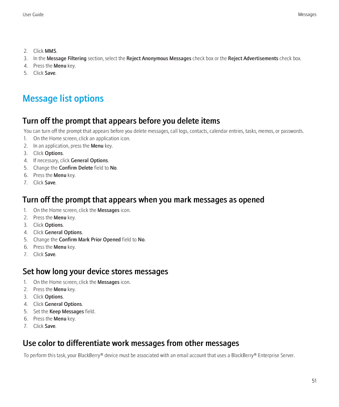 Blackberry 8230 manual Message list options, Set how long your device stores messages 