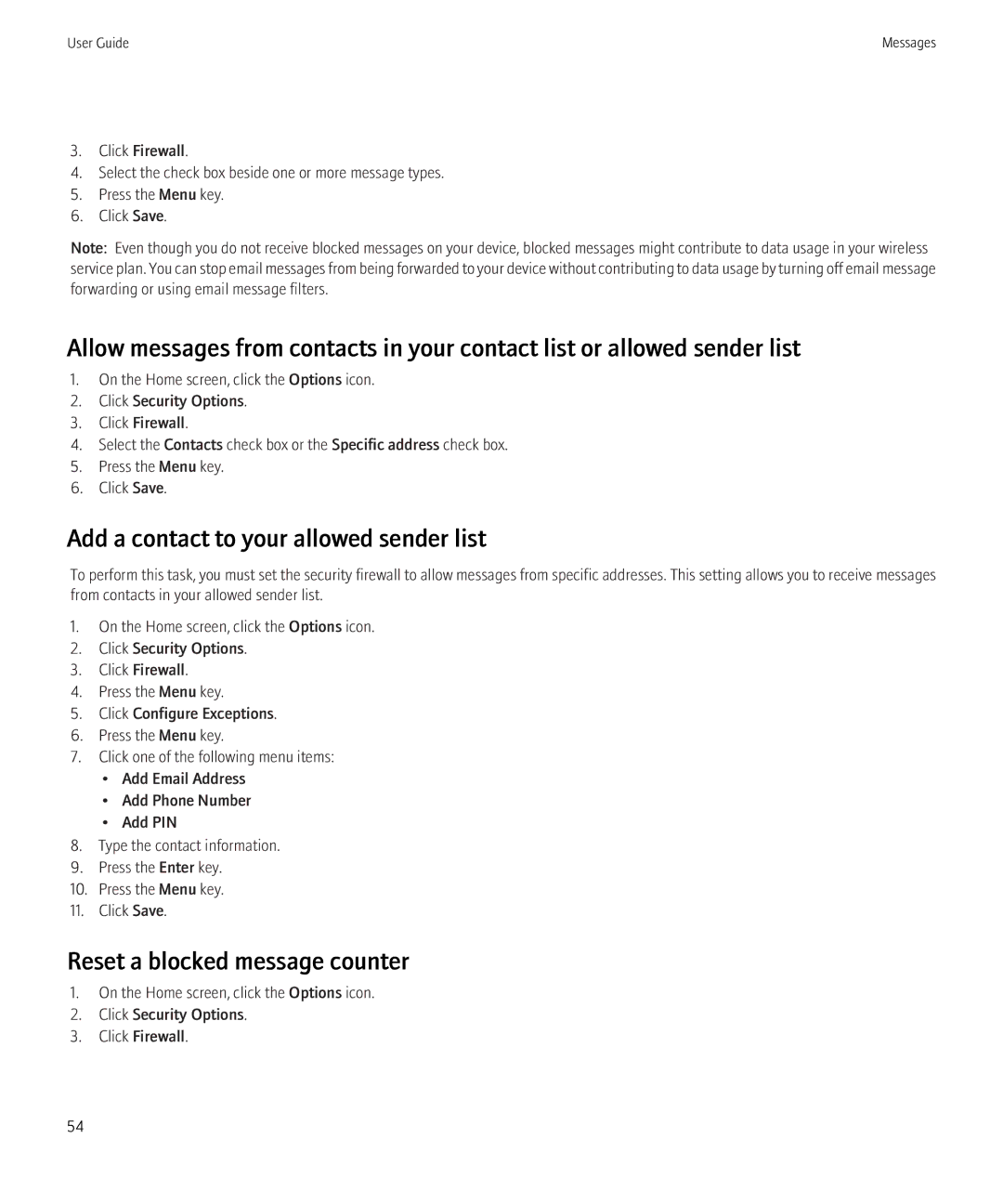 Blackberry 8230 manual Add a contact to your allowed sender list, Reset a blocked message counter 