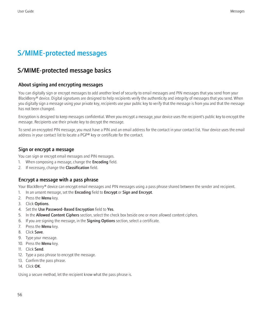 Blackberry 8230 manual MIME-protected messages, MIME-protected message basics, About signing and encrypting messages 