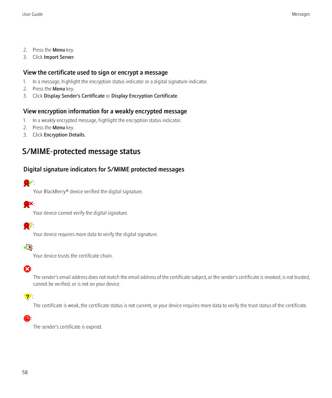 Blackberry 8230 manual MIME-protected message status, View the certificate used to sign or encrypt a message 