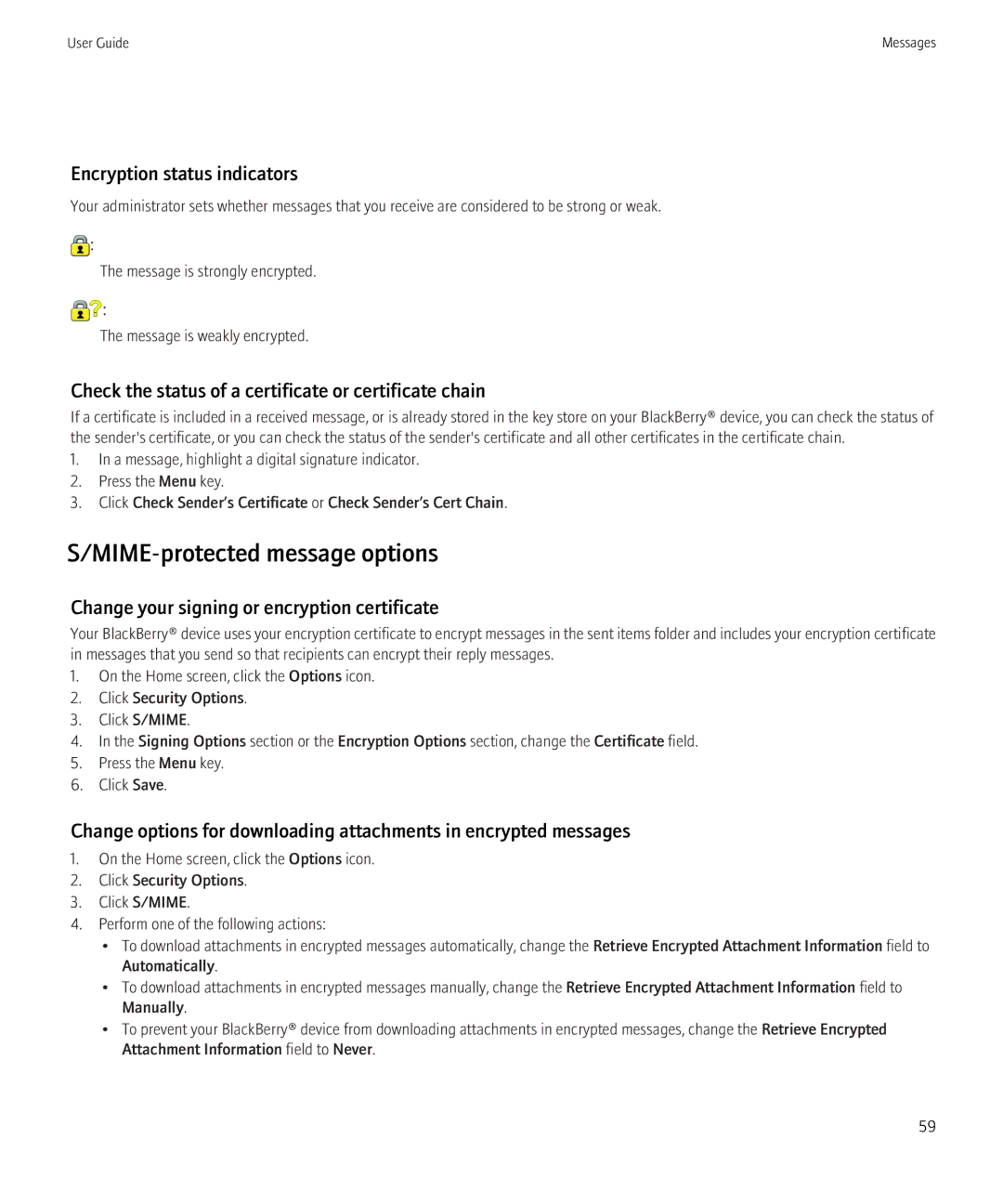 Blackberry 8230 manual MIME-protected message options, Encryption status indicators 