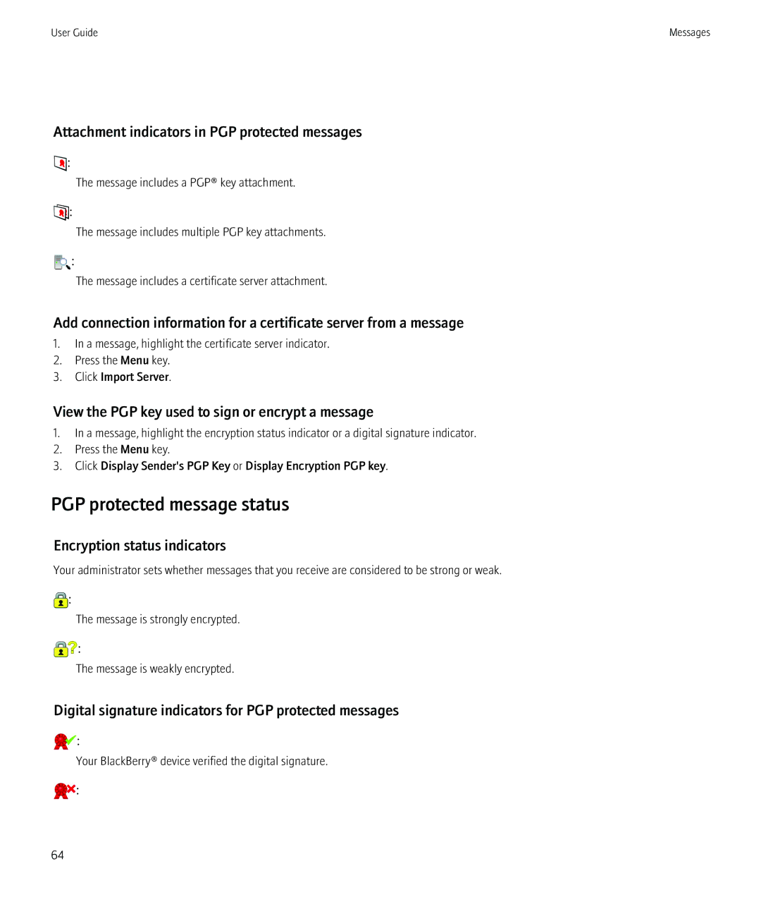 Blackberry 8230 manual PGP protected message status, Attachment indicators in PGP protected messages 