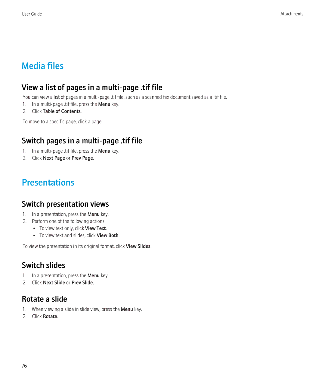 Blackberry 8230 manual Media files, Presentations 