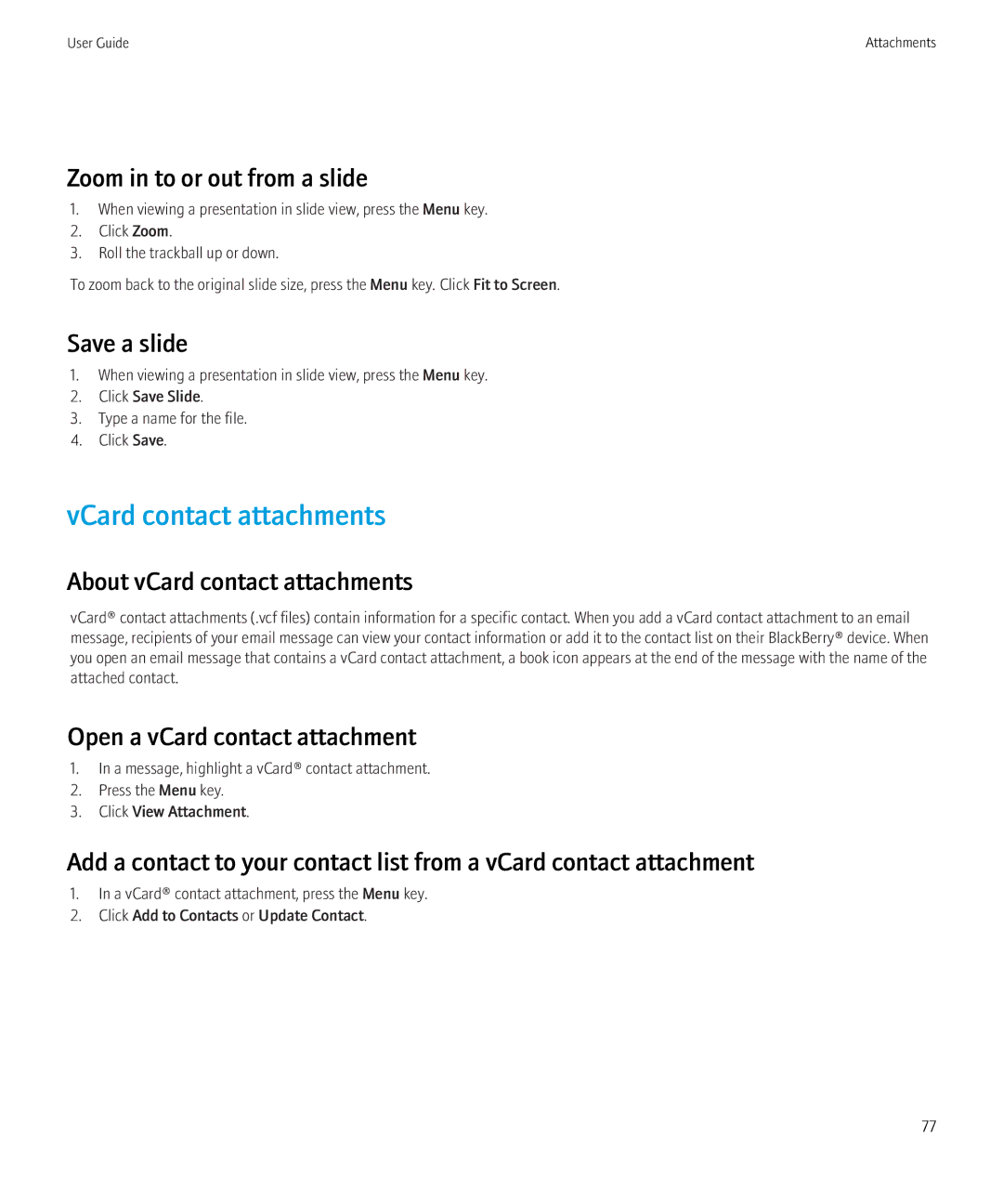 Blackberry 8230 VCard contact attachments, Zoom in to or out from a slide, Save a slide, About vCard contact attachments 