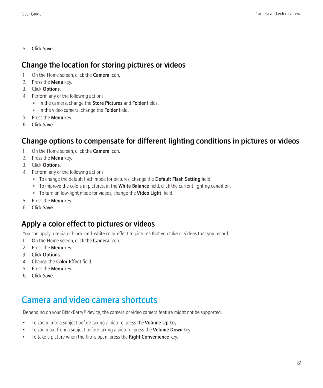 Blackberry 8230 manual Change the location for storing pictures or videos, Apply a color effect to pictures or videos 