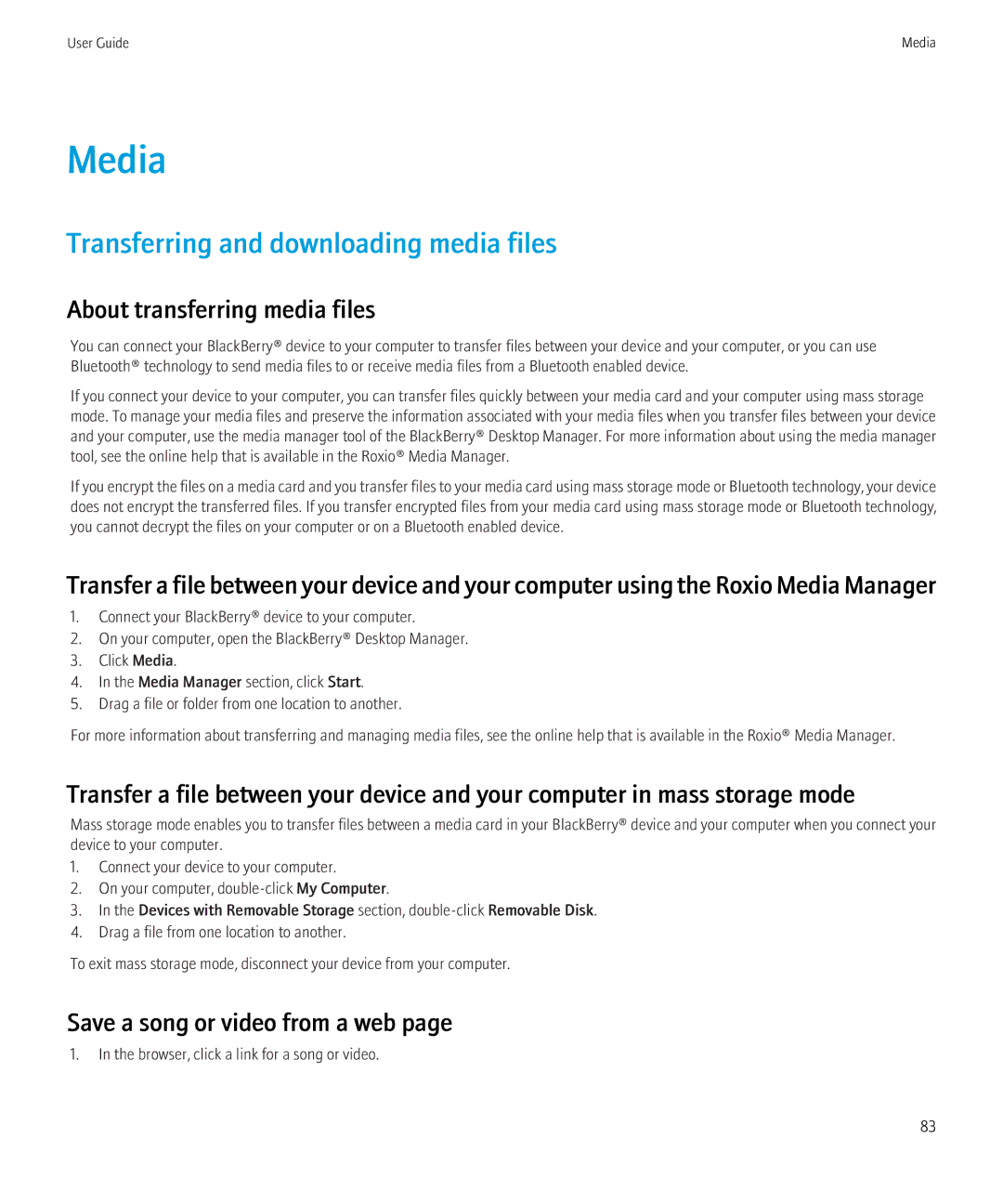 Blackberry 8230 manual Media, Transferring and downloading media files, About transferring media files 